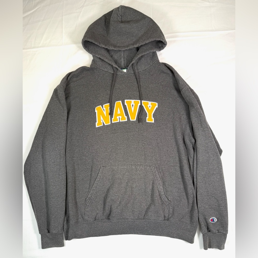 CHAMPION Adult Mens Navy Hooded Sweatshirt Size L Gray Collegiate Casual Y2K